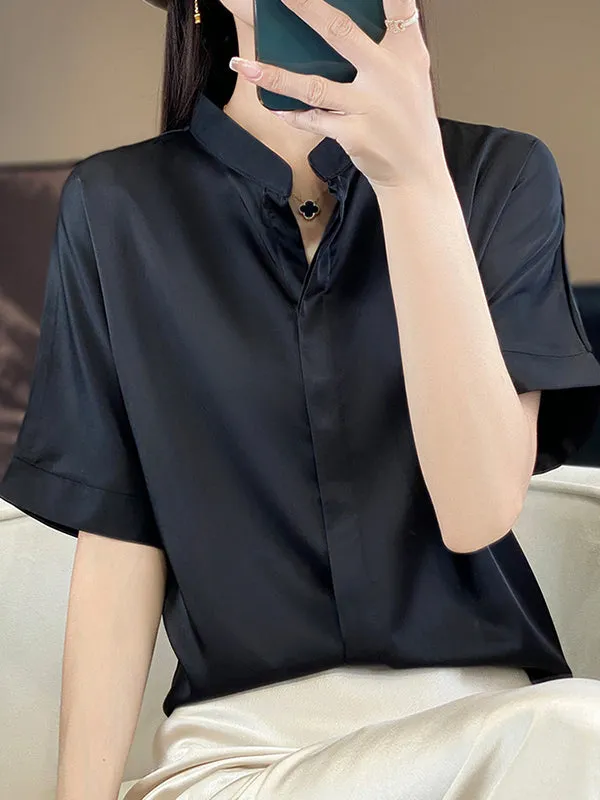 Loose Short Sleeves Buttoned Solid Color Stand Collar Blouses&Shirts Tops