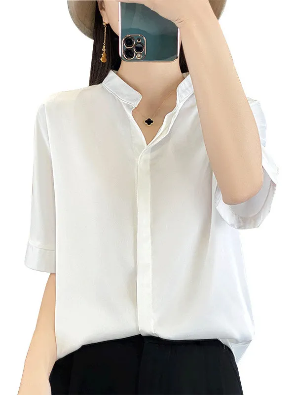 Loose Short Sleeves Buttoned Solid Color Stand Collar Blouses&Shirts Tops