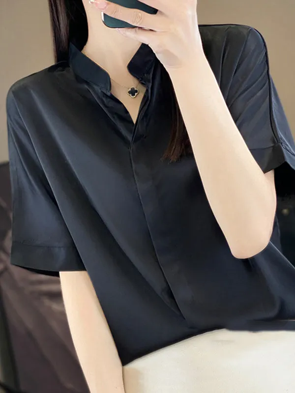 Loose Short Sleeves Buttoned Solid Color Stand Collar Blouses&Shirts Tops