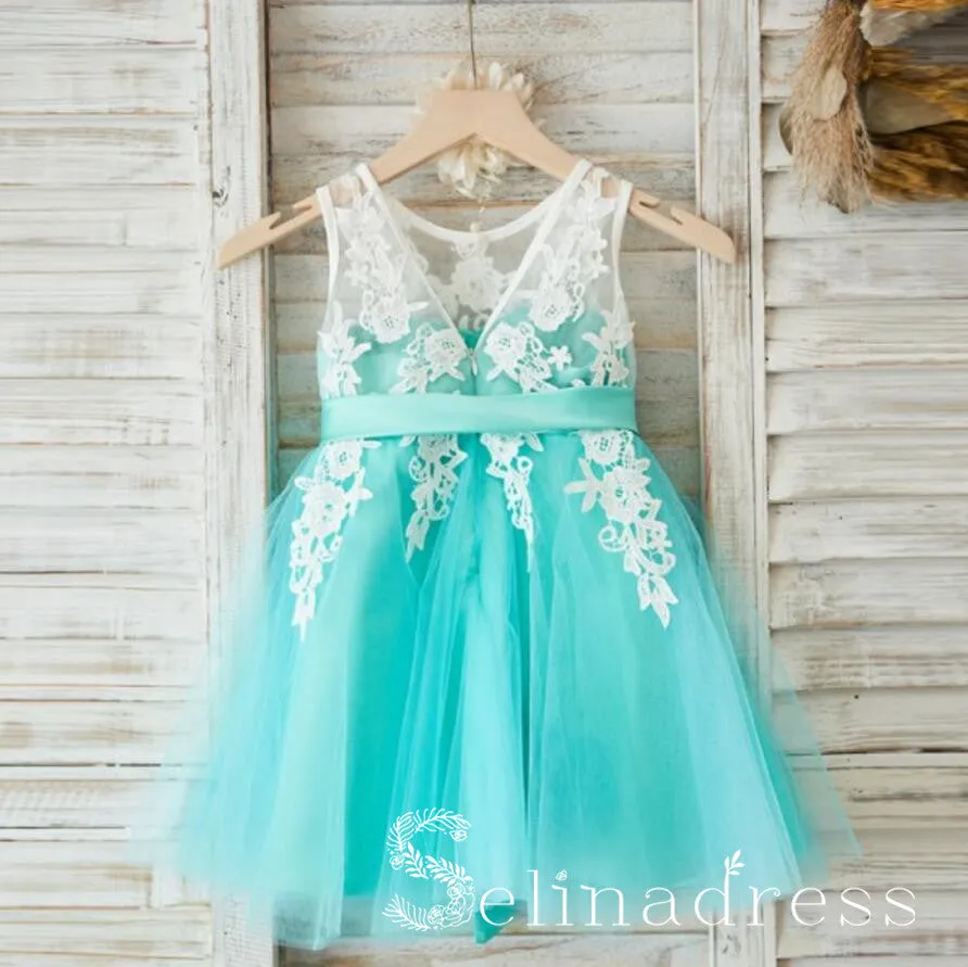 Lovely Tulle Applique Flower Girl Dresses V Back Little Girl Dresses GRS021