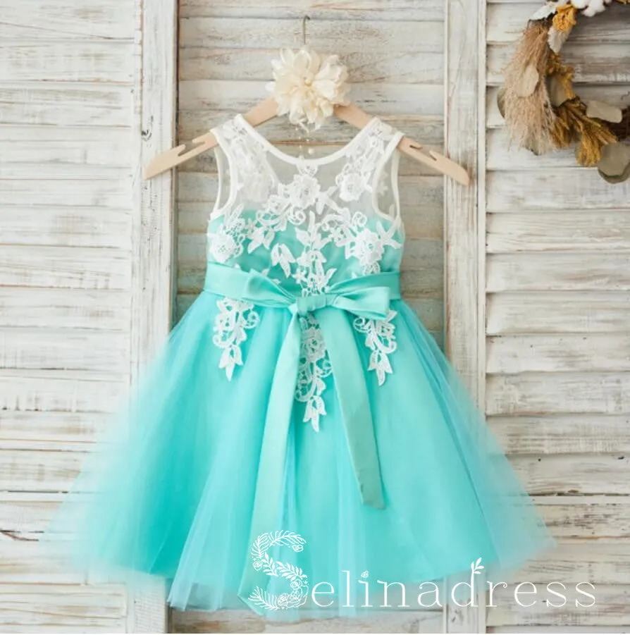 Lovely Tulle Applique Flower Girl Dresses V Back Little Girl Dresses GRS021