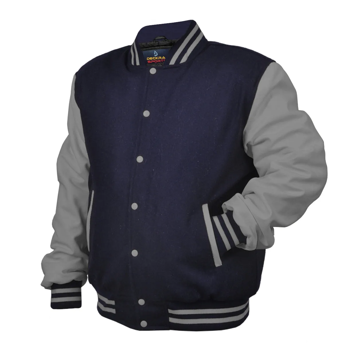 Mens Jacket Wool Leather Navy Blue/Light Grey