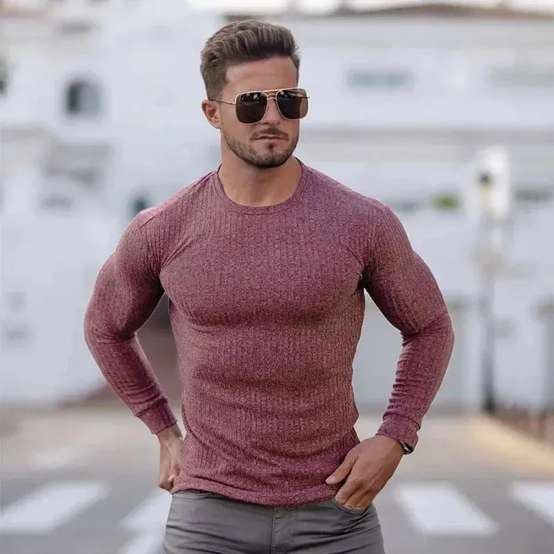 Men's T-Shirt Sweater O-Neck Slim Fit Knit wear Mens Long Sleeve Pullovers Tshirts Men Fitness Pull Homme