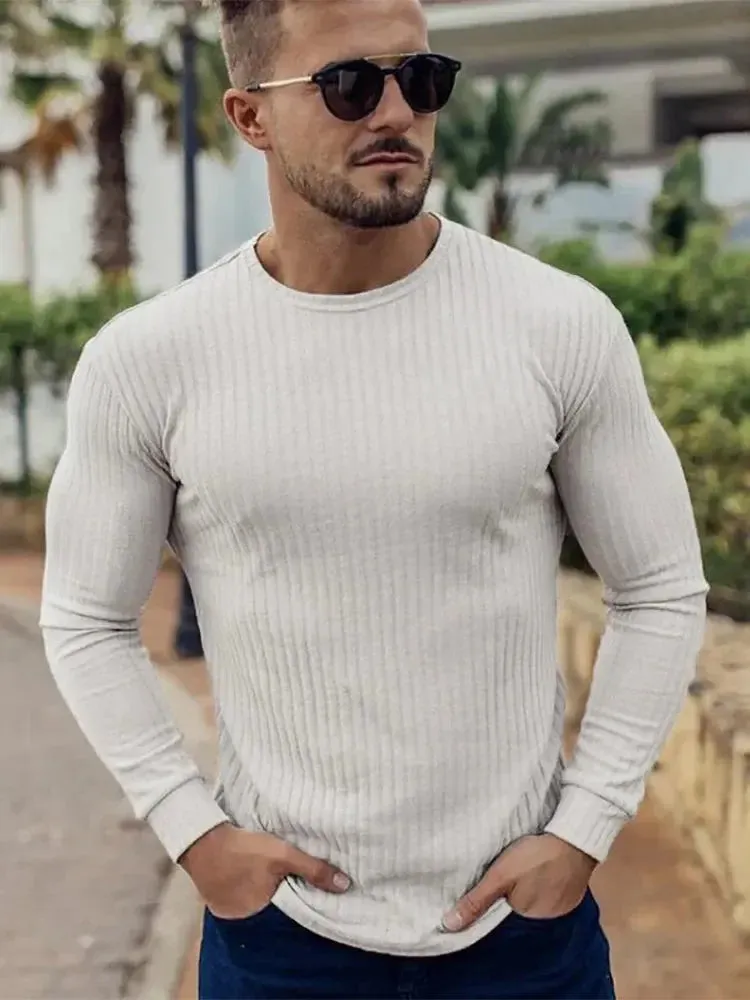 Men's T-Shirt Sweater O-Neck Slim Fit Knit wear Mens Long Sleeve Pullovers Tshirts Men Fitness Pull Homme