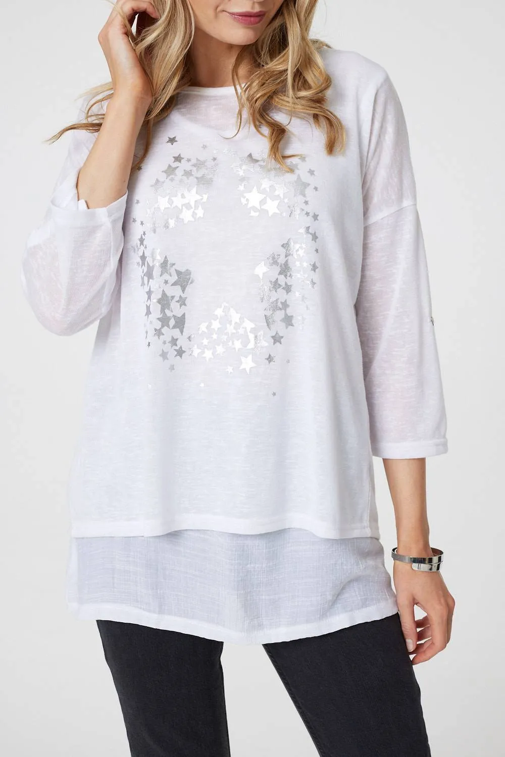 Metallic Star Print Layered Tunic Top