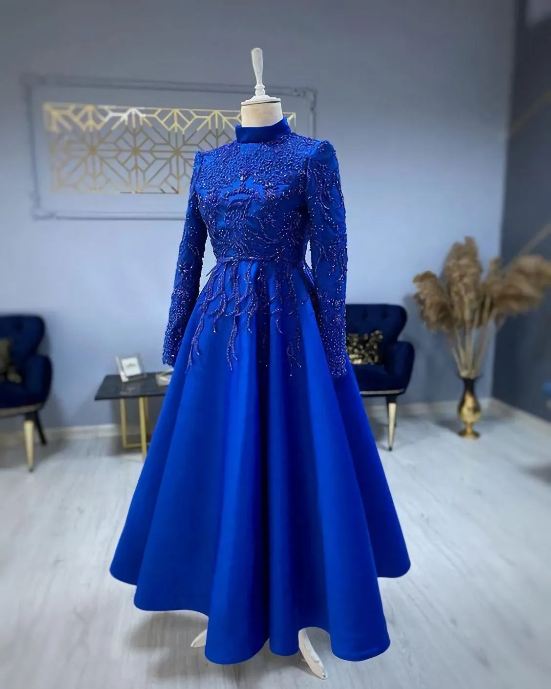 Modest Blue Prom Dresses Lace Emroidery Evening Dress