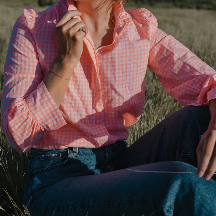 Neon Pink Gingham Frill Collared Blouse