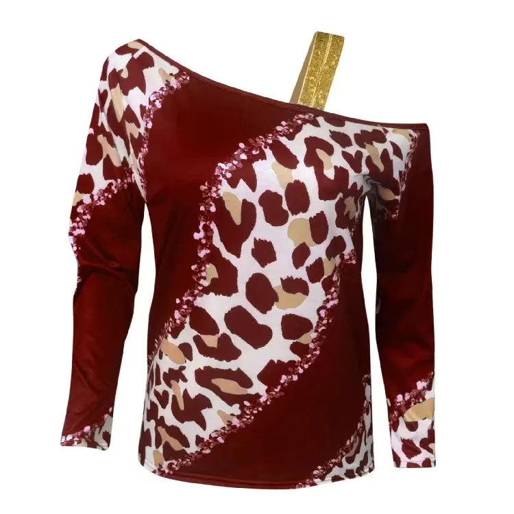 Paneled Slanted Shoulder Sequin Long Sleeve T-Shirt Top