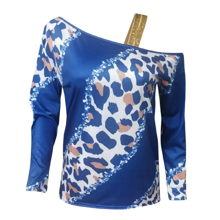 Paneled Slanted Shoulder Sequin Long Sleeve T-Shirt Top