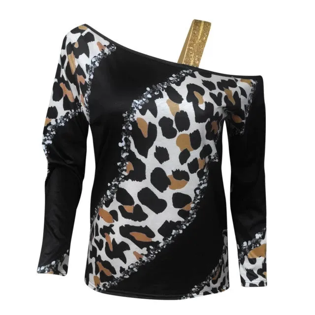 Paneled Slanted Shoulder Sequin Long Sleeve T-Shirt Top