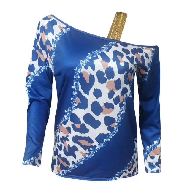 Paneled Slanted Shoulder Sequin Long Sleeve T-Shirt Top