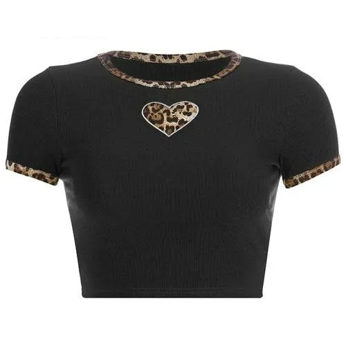 Patchwork Leopard Cute Crop Top O-Neck Short Sleeve Tees