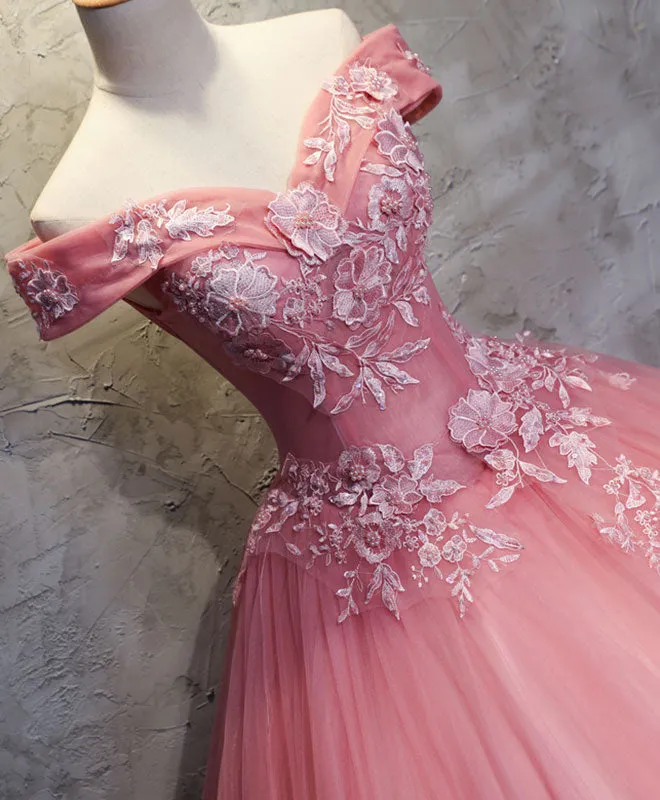 Pink Tulle Lace Off Shoulder Long Prom Dress Pink Tulle Evening Dress