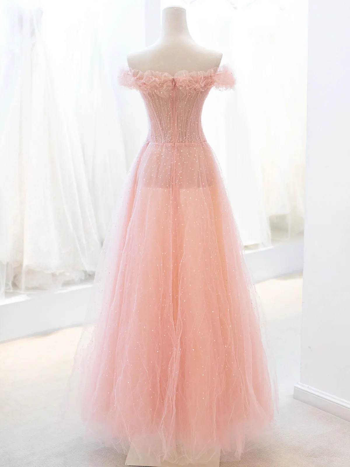 Pink Tulle Sequins Long Prom Dress A-Line Lovely Evening Party Dress