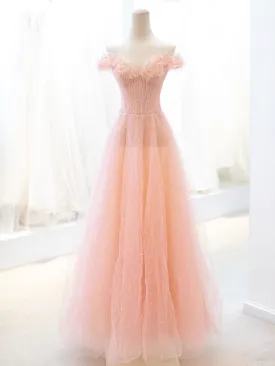 Pink Tulle Sequins Long Prom Dress A-Line Lovely Evening Party Dress