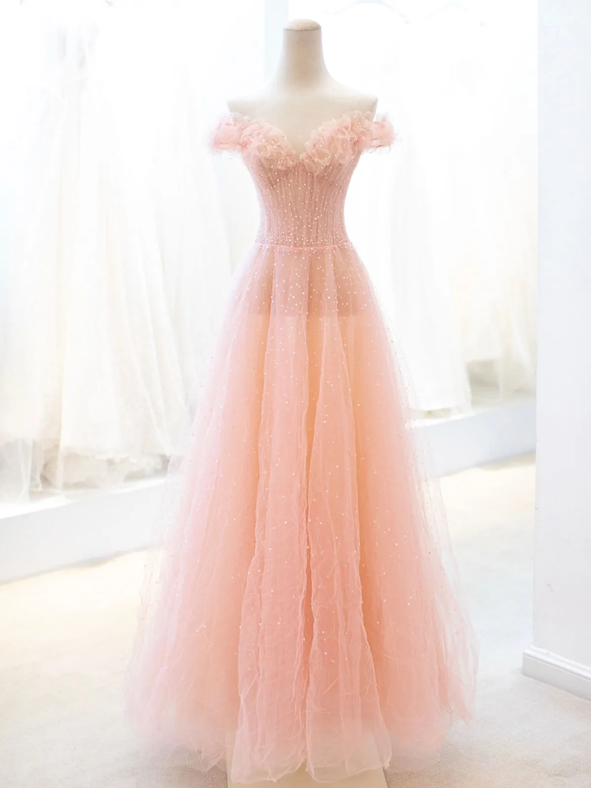 Pink Tulle Sequins Long Prom Dress A-Line Lovely Evening Party Dress