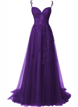 Purple A-Line Tulle Off Shoulder Long Prom Dress With Lace Purple Evening Dress Party Dress