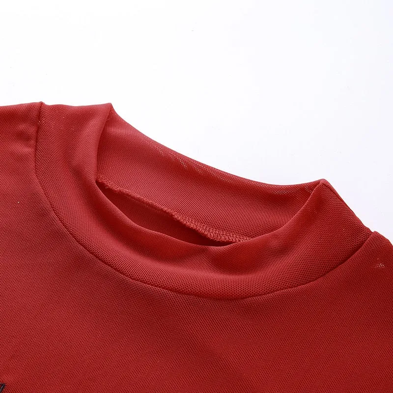 Red Devil Embroidery Mesh Short Sleeve Turtleneck Cute Sexy Transparent Tees