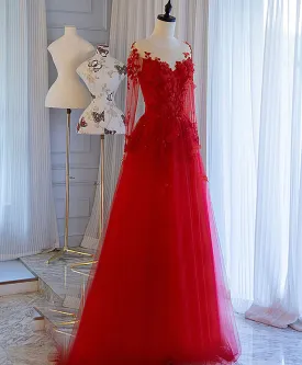 Red Tulle Lace Off Shoulder Long Prom Dress Red Lace Evening Dress