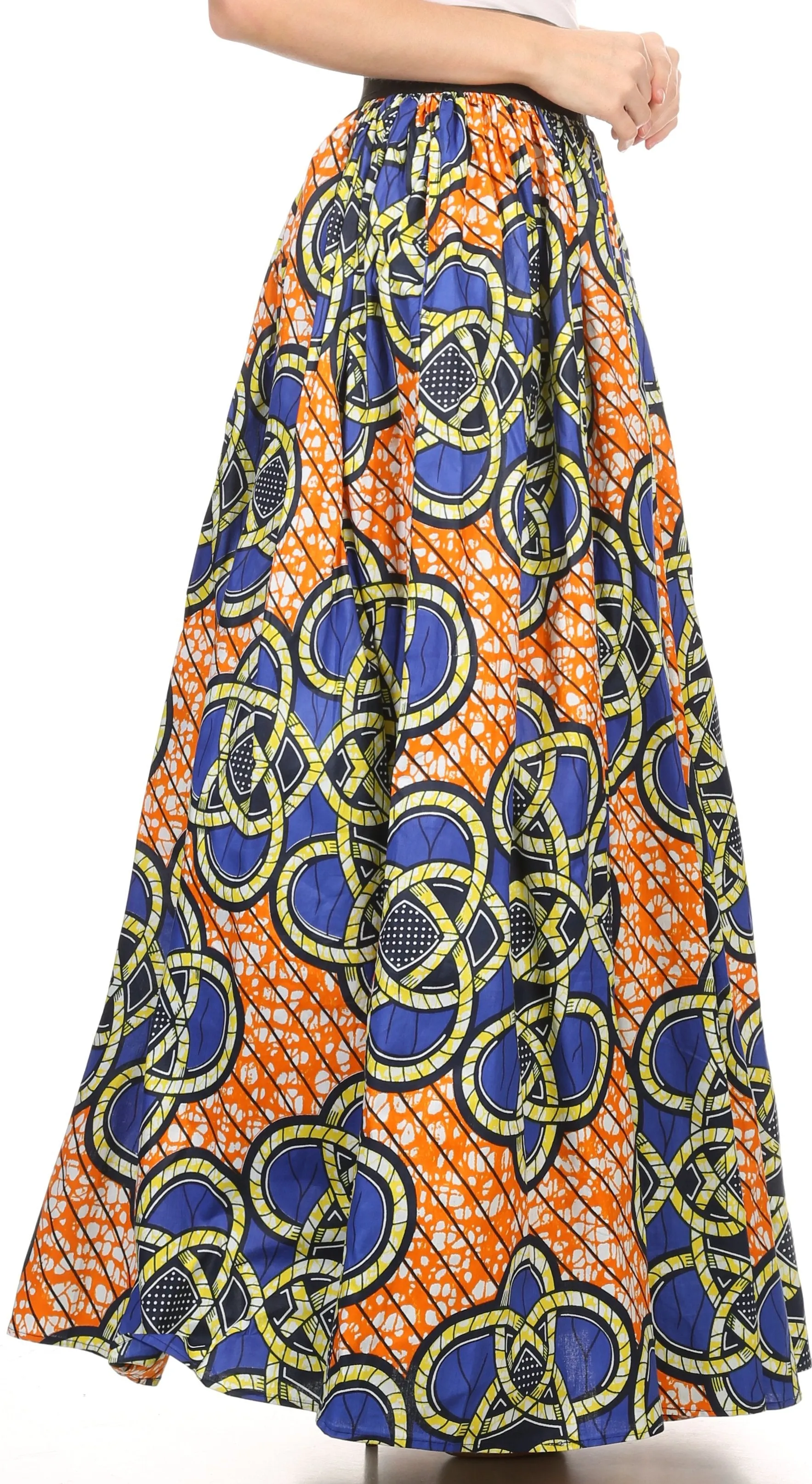 Sakkas Fawna Patterned Long Wax Print Adjustable Waist Skirt With Pockets