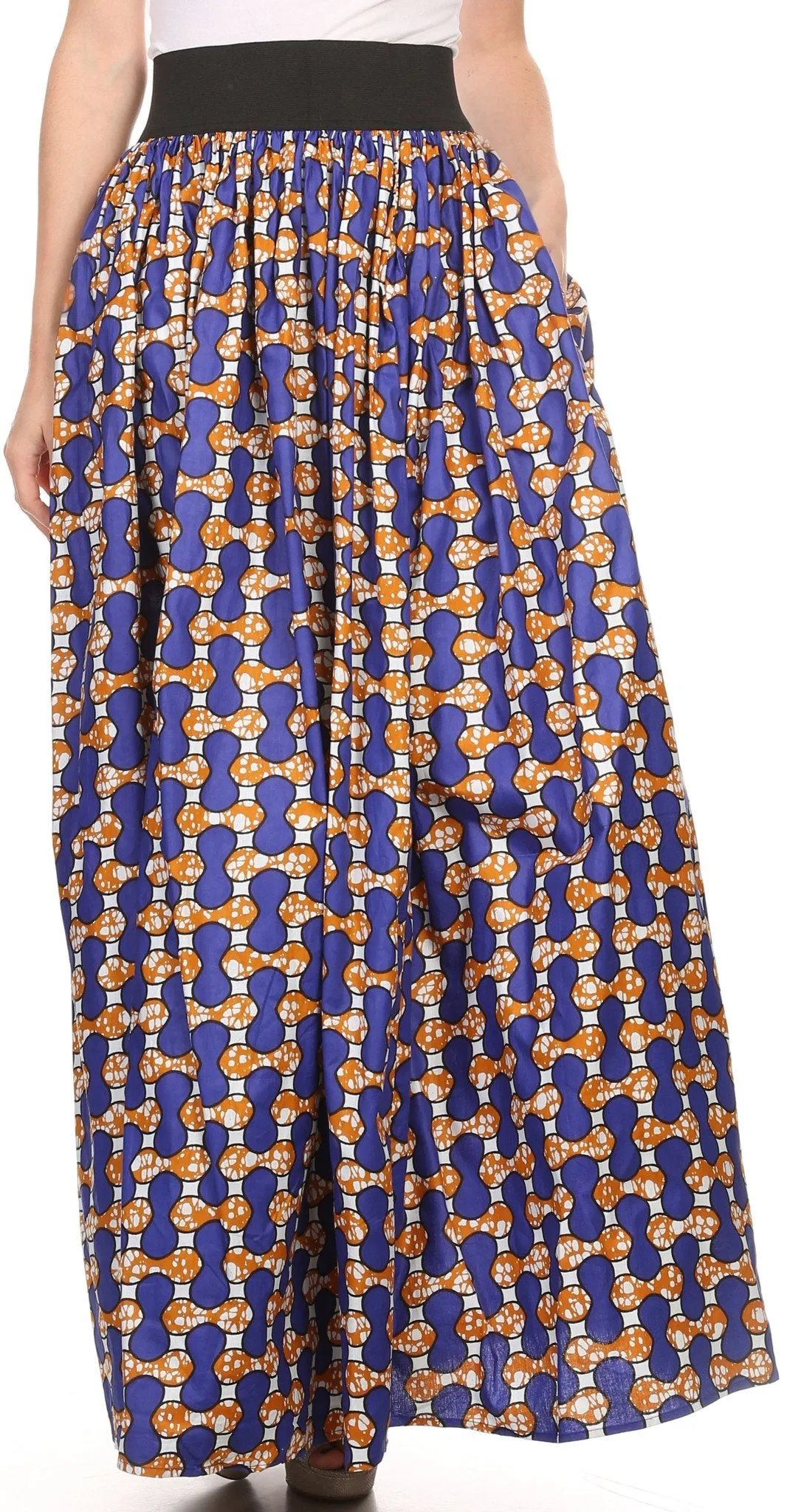 Sakkas Fawna Patterned Long Wax Print Adjustable Waist Skirt With Pockets