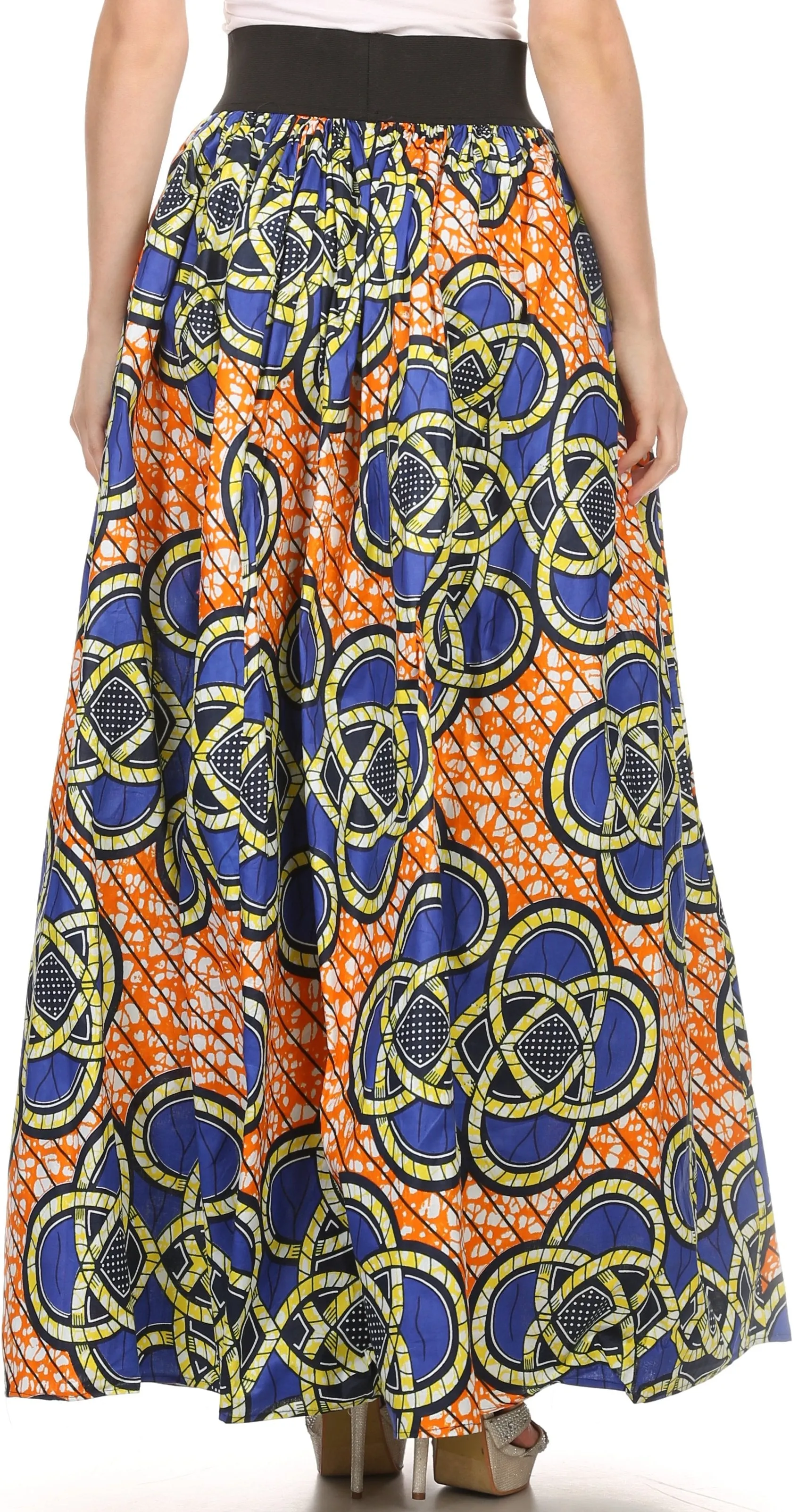 Sakkas Fawna Patterned Long Wax Print Adjustable Waist Skirt With Pockets