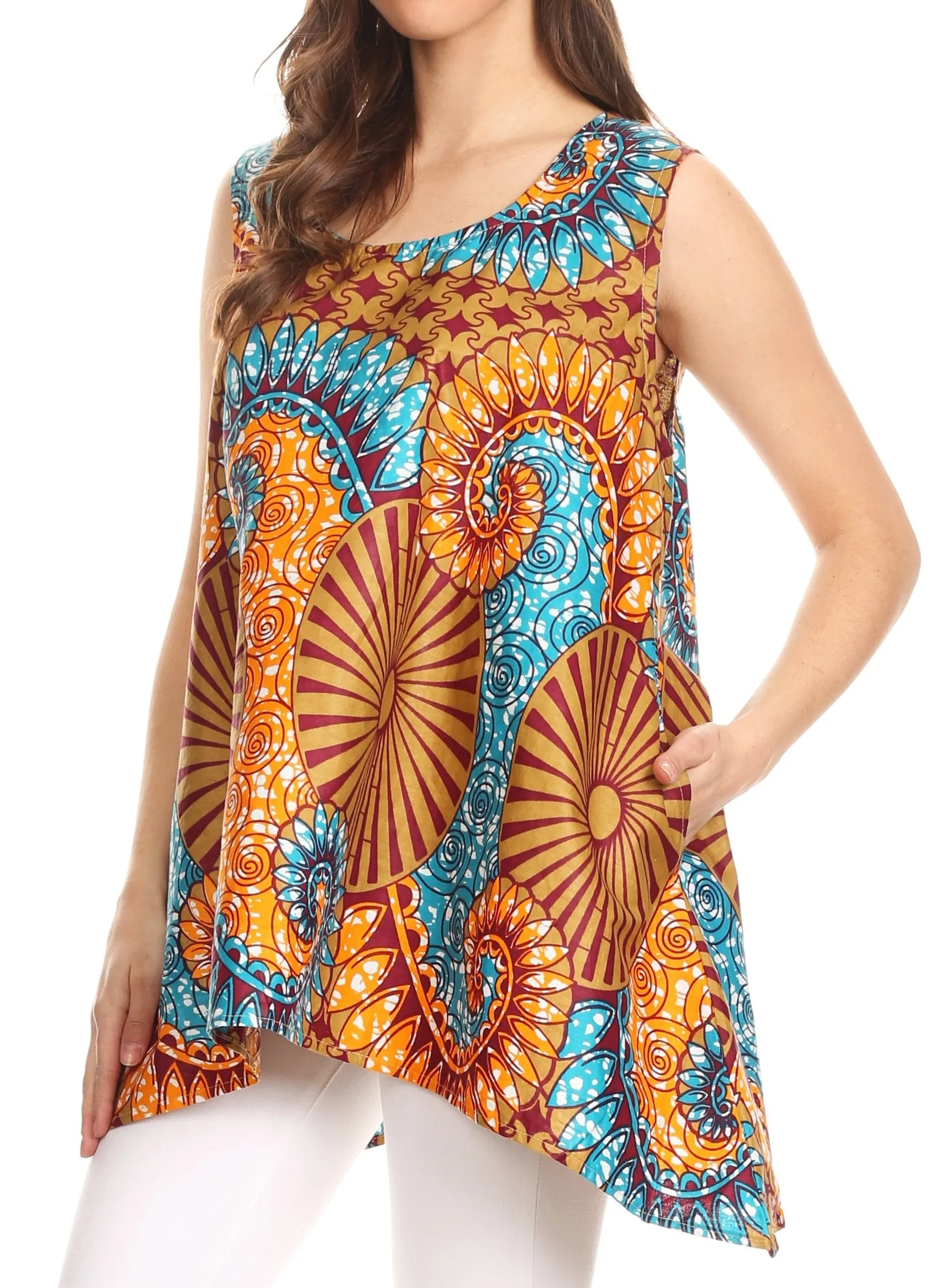 Sakkas Hadiza Sleeveless Tank Top Blouse Wax African Ankara Casual Summer Simple