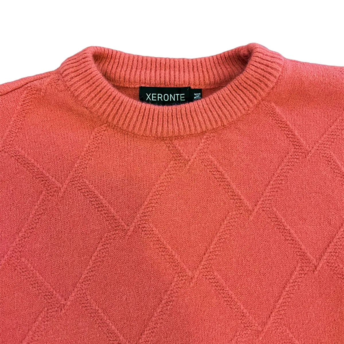 Salmon Pink Mens Knit Diamond Pattern Crew Neck Sweater