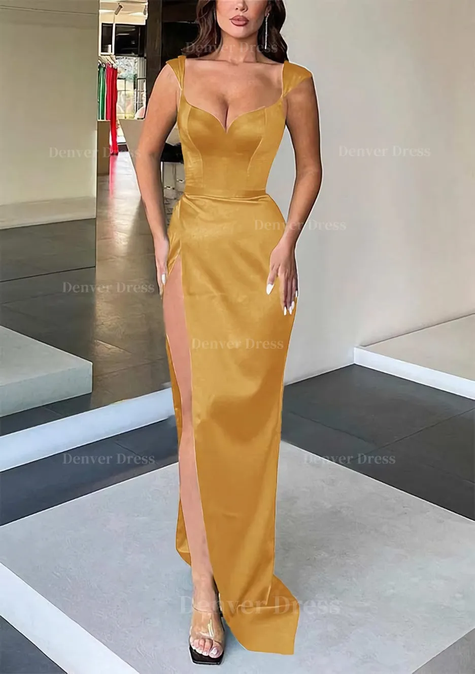 Sheath/Column Sweetheart Sleeveless Long/Floor-Length Satin Evening Dress With Split