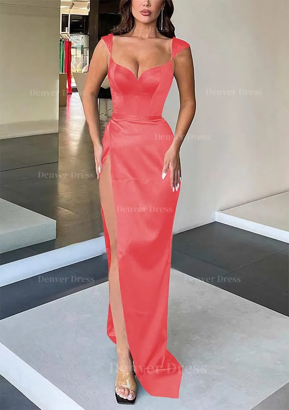 Sheath/Column Sweetheart Sleeveless Long/Floor-Length Satin Evening Dress With Split