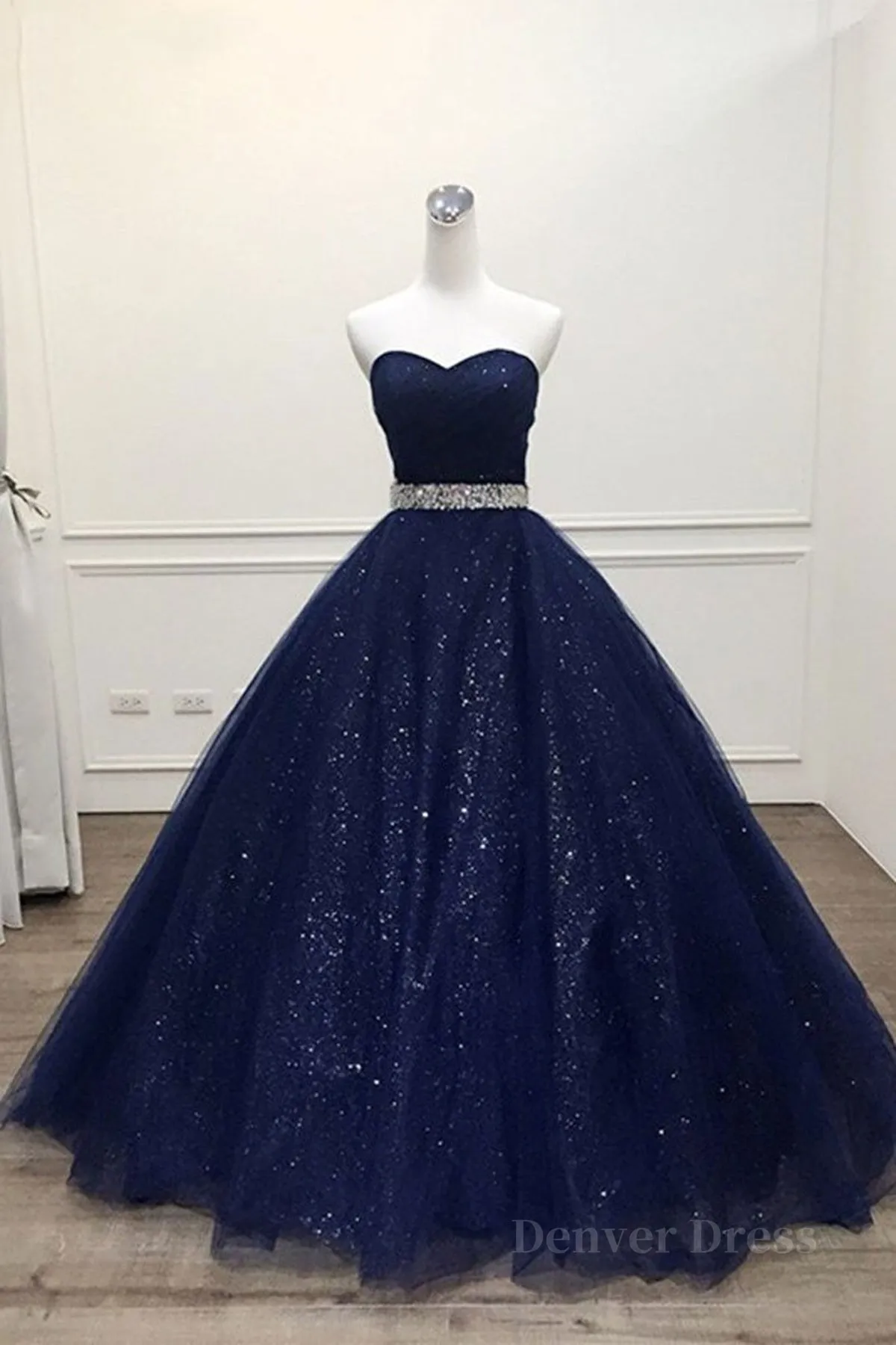 Shiny Strapless Dark Blue Long Prom Dresses Dark Blue Long Formal Evening Gown