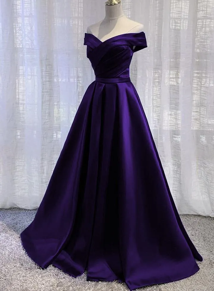 Simple Off Shoulder Satin Long Prom Dress, Dark Purple Party Dress Evening Gown