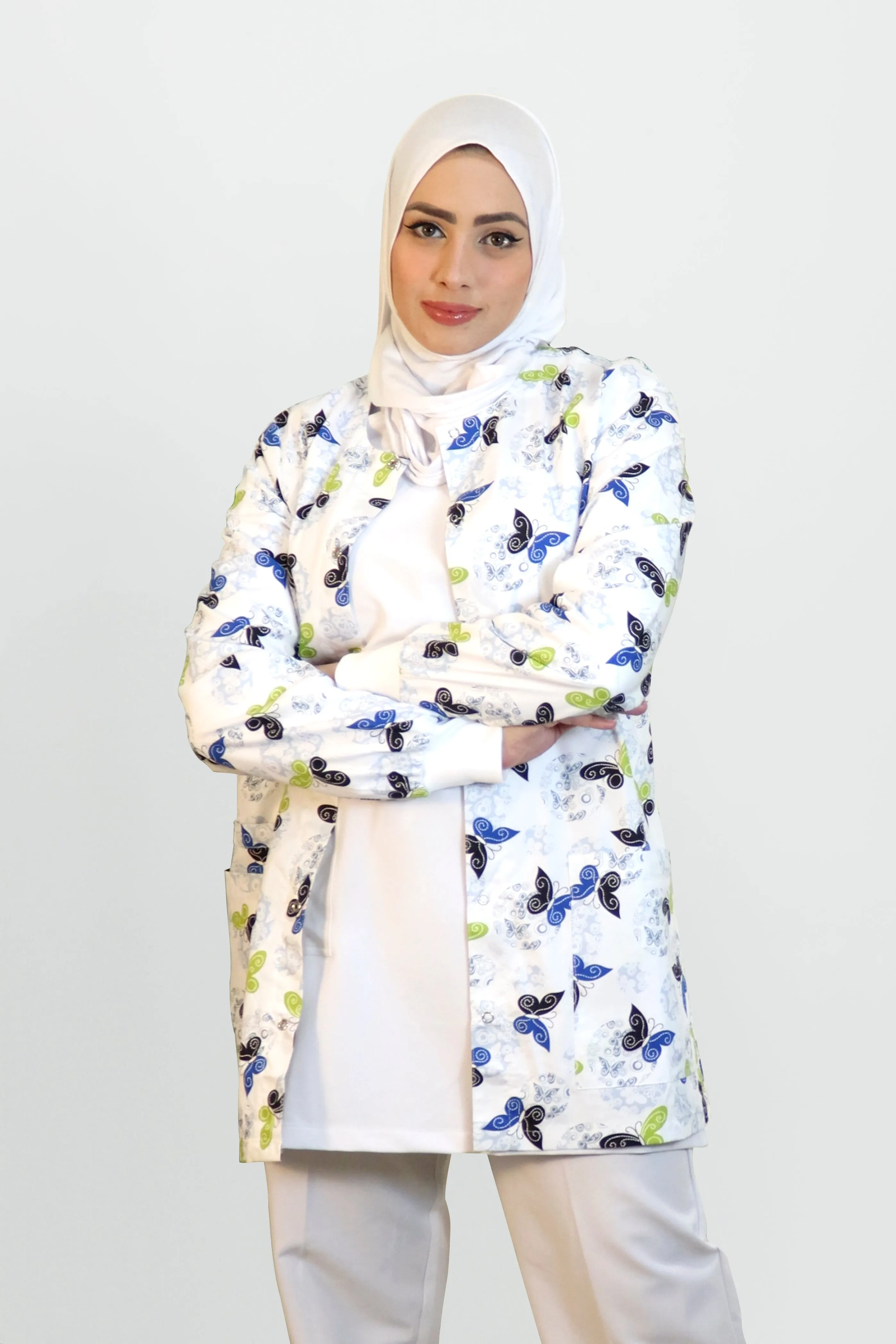 White Butterfly Printed Scrub Jacket