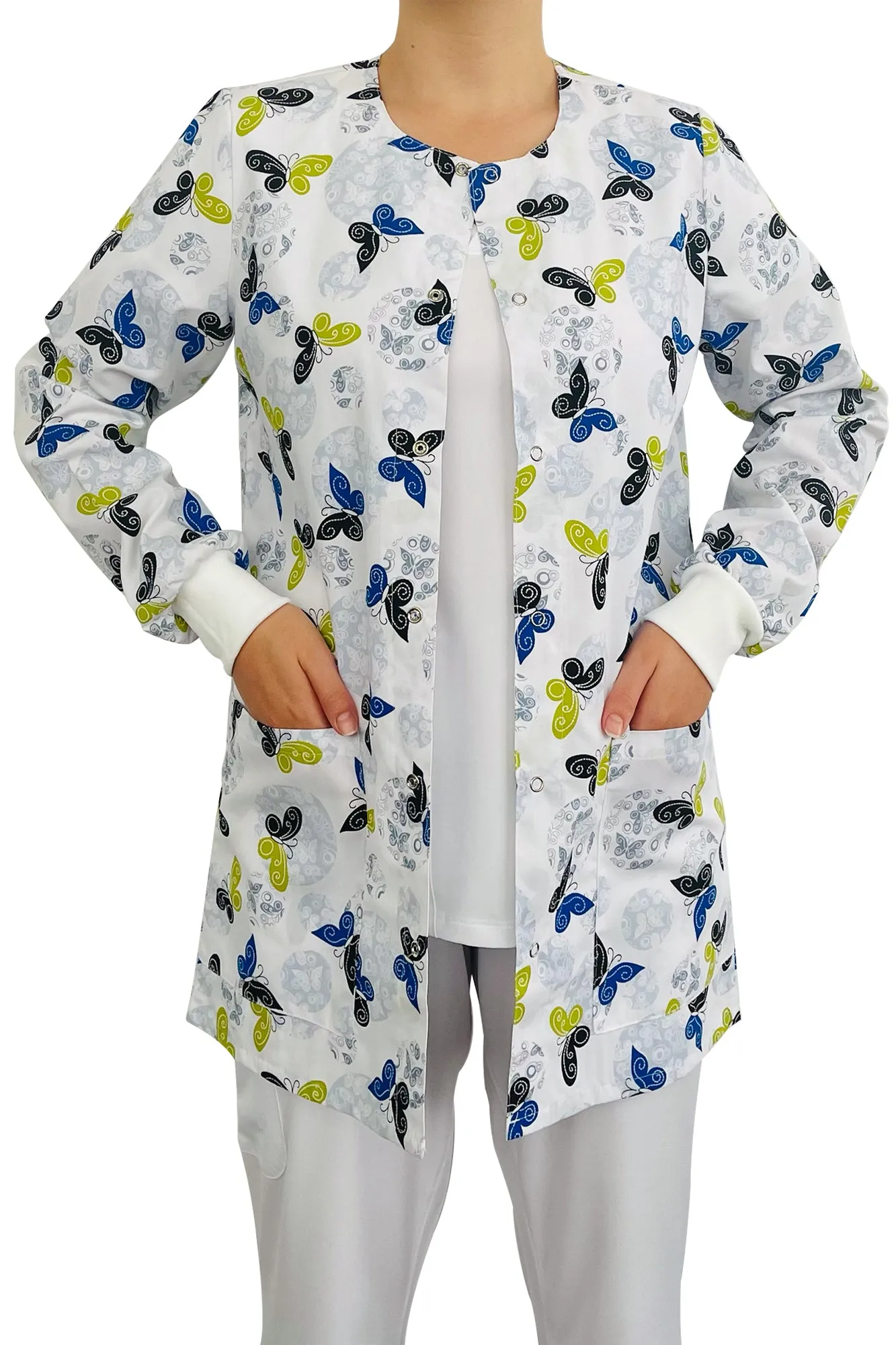 White Butterfly Printed Scrub Jacket