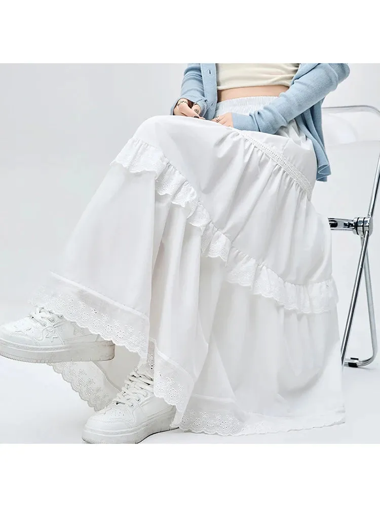 White Lace Sweet Summer Elegant Women's Skirts Office Ladies New Solid Color Chicly Elastic Waist Simple Casual Female Skirts