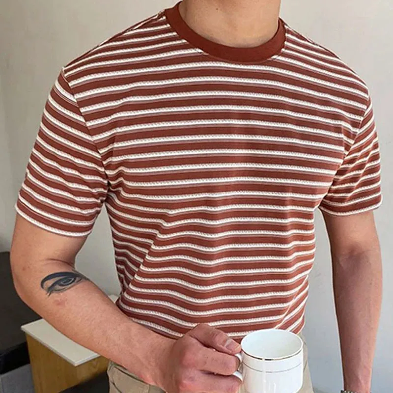 Wiaofellas  -  guys clothing style Men's Luxury Knitted T-Shirt Casual Korean Streetwear O Neck Short Sleeve Striped Leisure Tees for Men Summer Clothing Knitwear