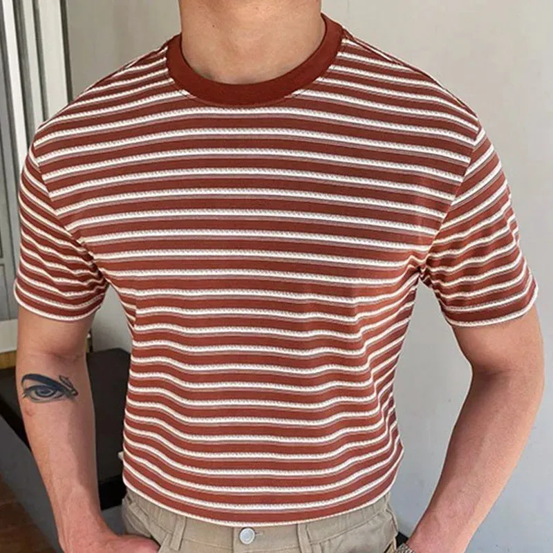 Wiaofellas  -  guys clothing style Men's Luxury Knitted T-Shirt Casual Korean Streetwear O Neck Short Sleeve Striped Leisure Tees for Men Summer Clothing Knitwear