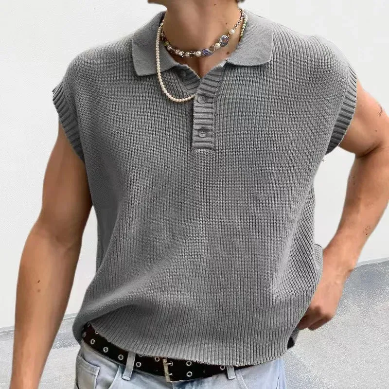 Wiaofellas   -  Spring Summer Mens Casual Polo Shirts Solid Sleeveless Button Lapel Knitting Tops Men Clothes Casual Loose Polos Tees Shirt