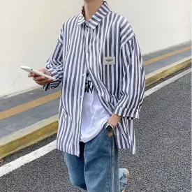 WIAOFELLAS -  Summe Men Stripe Shirts Women Half Sleeve Oversized Blouses Casual Loose Shirts for Students Korean Fashion Clothing