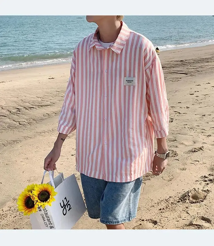 WIAOFELLAS -  Summe Men Stripe Shirts Women Half Sleeve Oversized Blouses Casual Loose Shirts for Students Korean Fashion Clothing