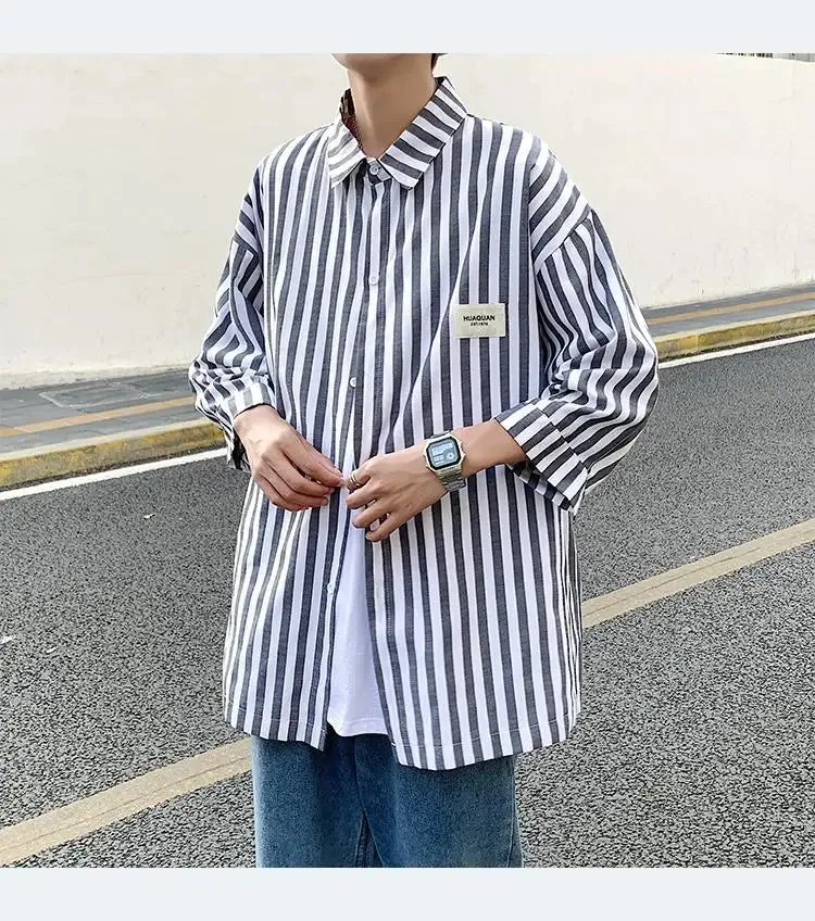 WIAOFELLAS -  Summe Men Stripe Shirts Women Half Sleeve Oversized Blouses Casual Loose Shirts for Students Korean Fashion Clothing