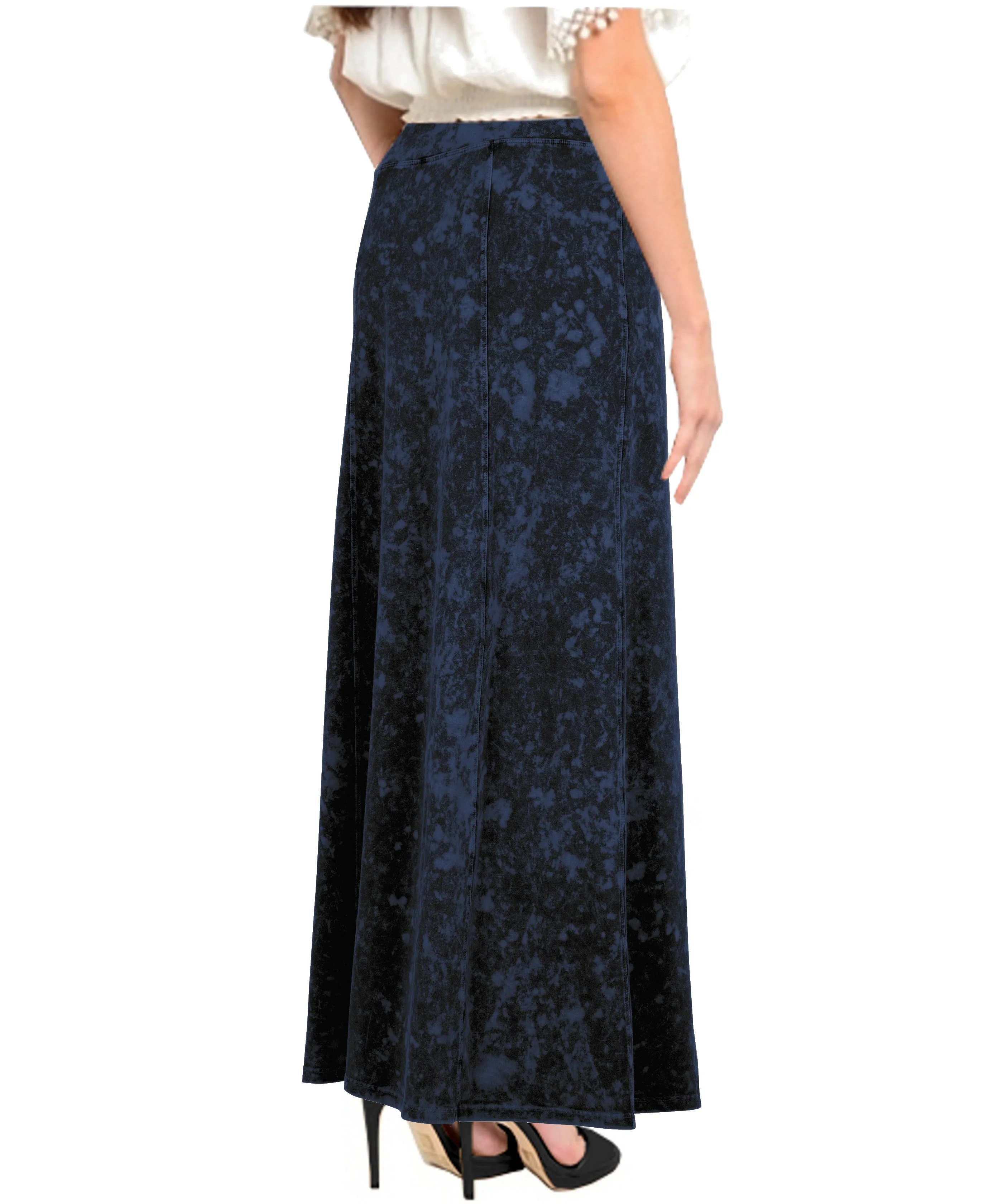 Women's Stretch Knit Acid Wash Panel Maxi A-Line Skirt